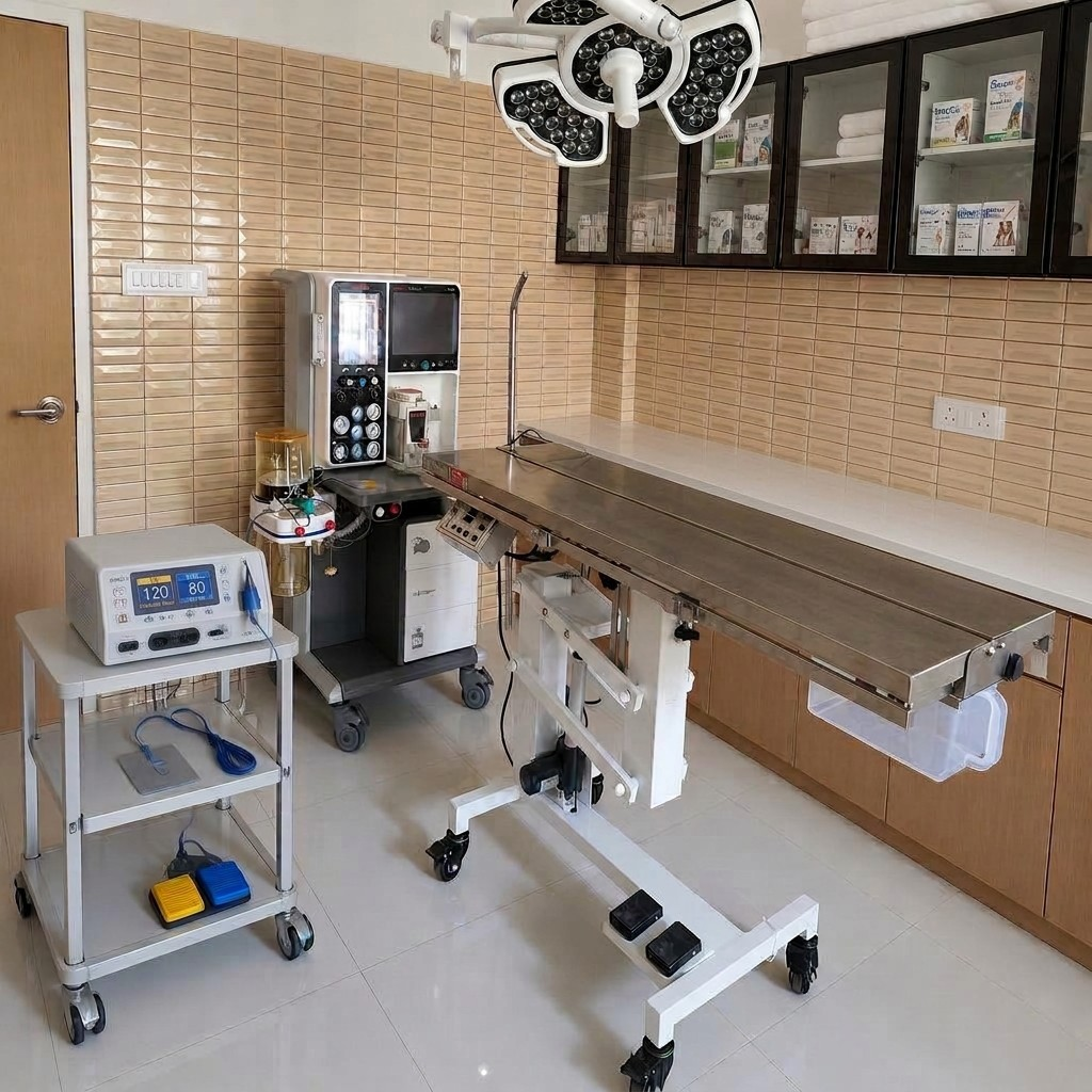 The Aura Vets operation theatre with surgical table, anaesthesia unit and lights
