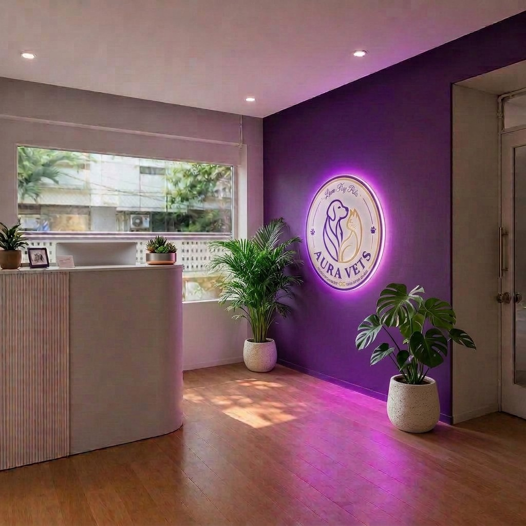 Aura Vets reception with the illuminated crest on the purple feature wall