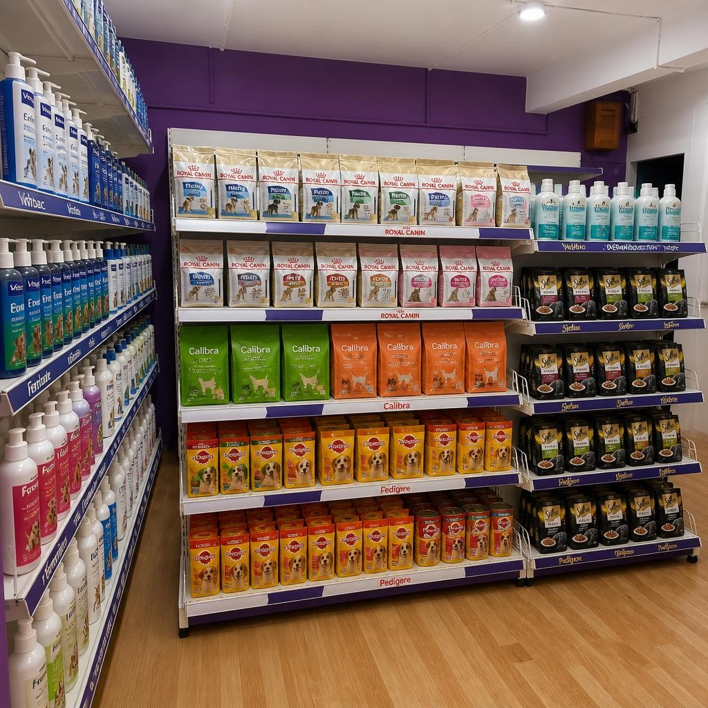 Pet food, prescription diets and grooming products on the clinic shelves